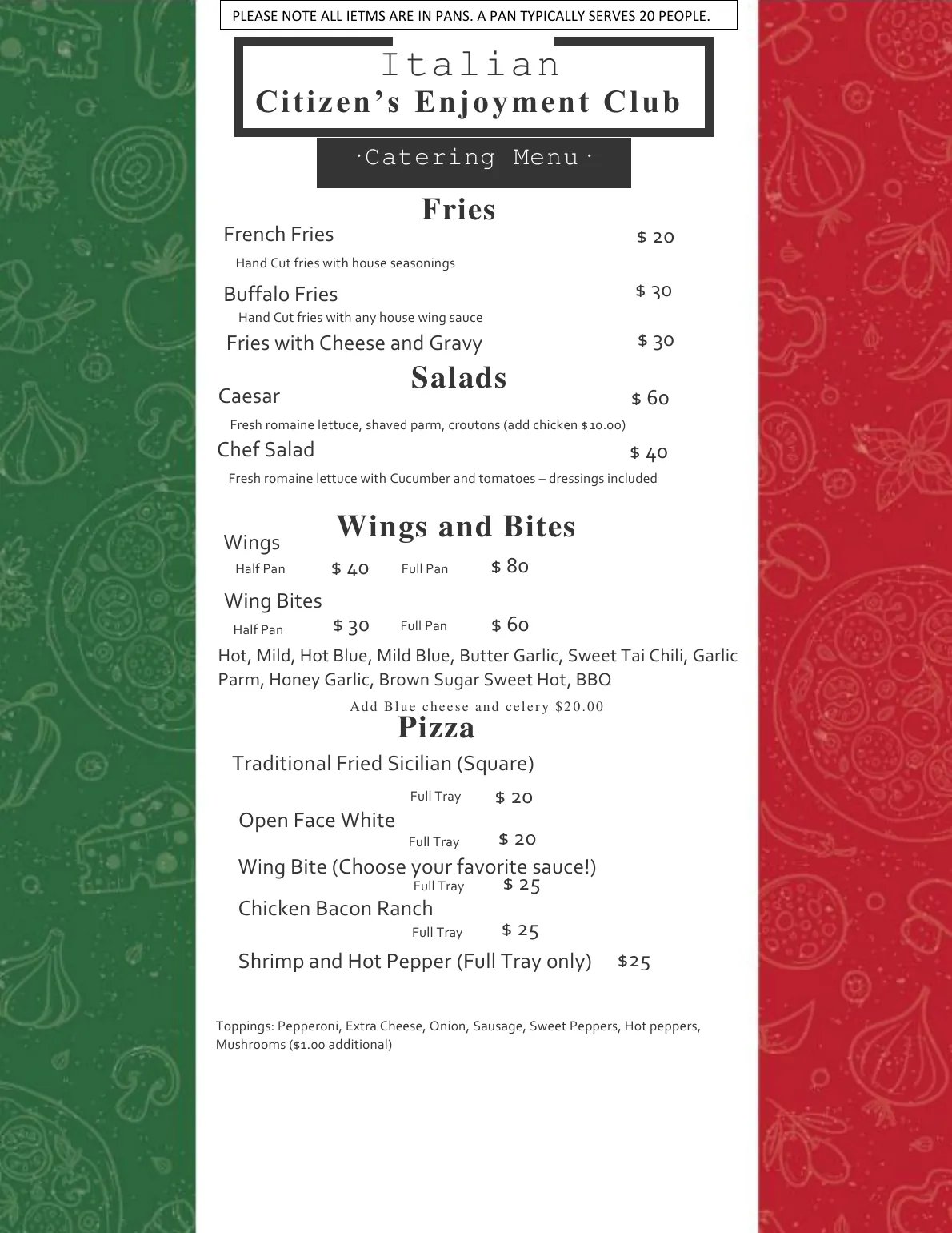 Italian Citizen’s Enjoyment Club catering menu - page 1