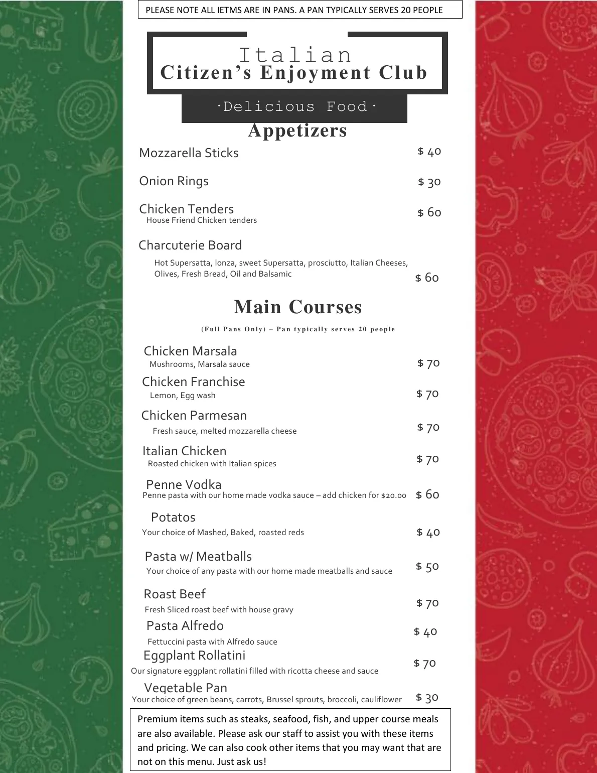 Italian Citizen’s Enjoyment Club catering menu - page 2
