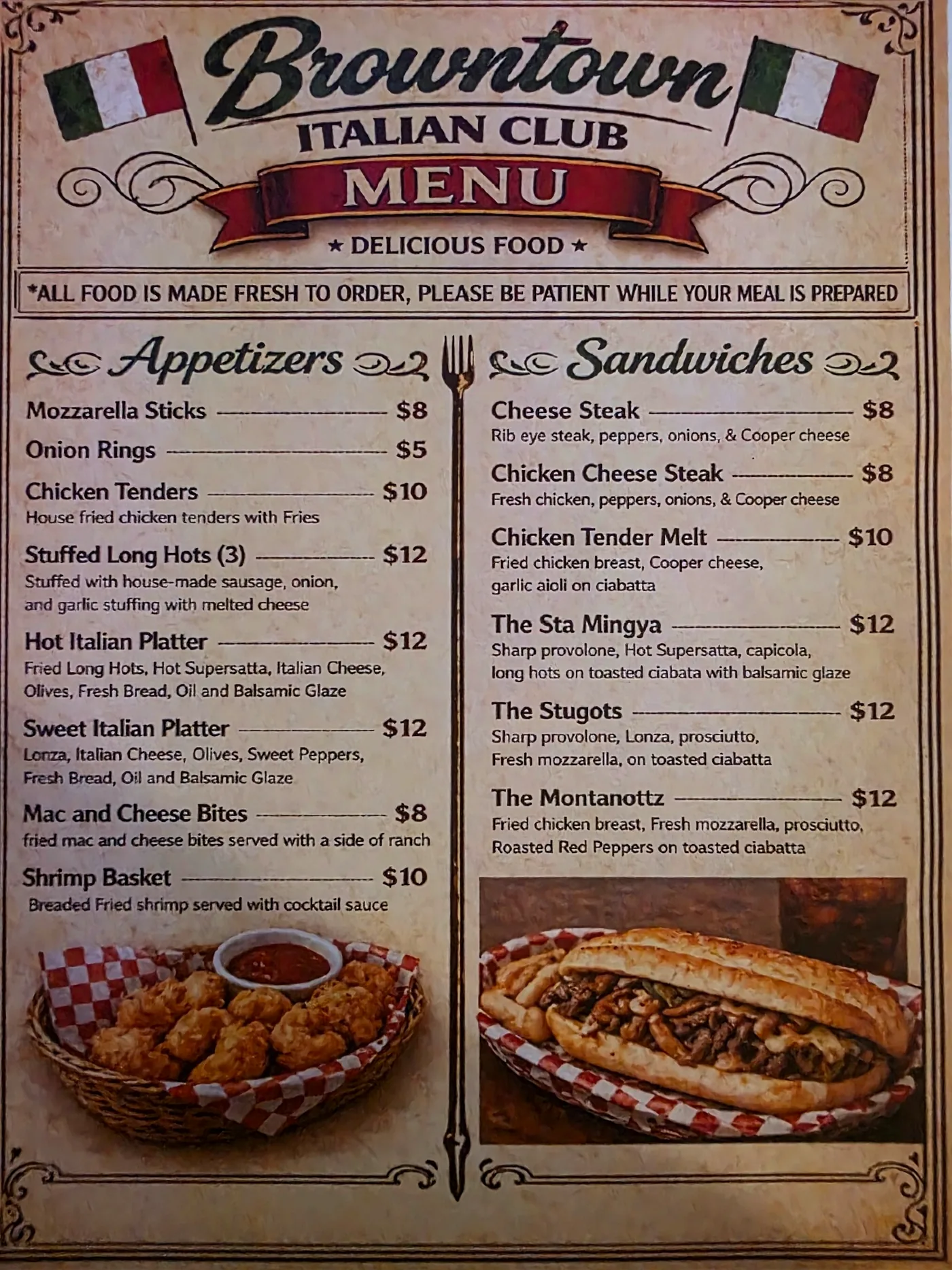 Browntown Italian Club food menu page 1